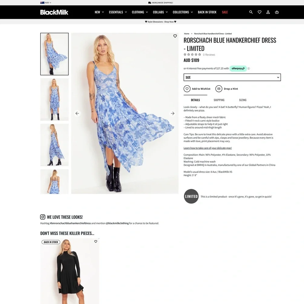 Blackmilk Rorschach Blue Handkerchief Dress - Picture 5 of 5